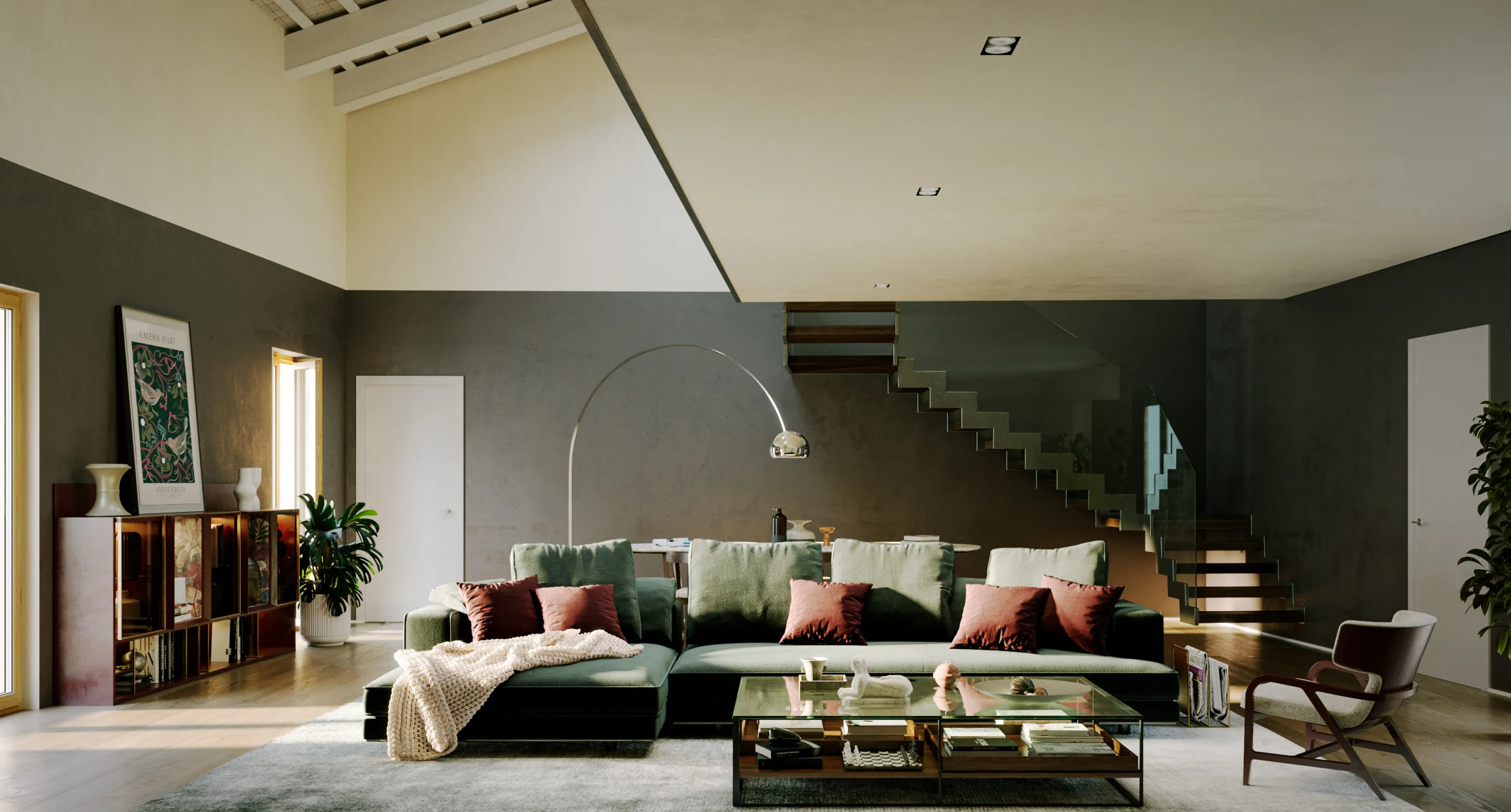 Soggiorno moderno con divano verde con cuscini rossi, poltrona marrone, tavolino in vetro e scala con parapetto in vetro sullo sfondo.