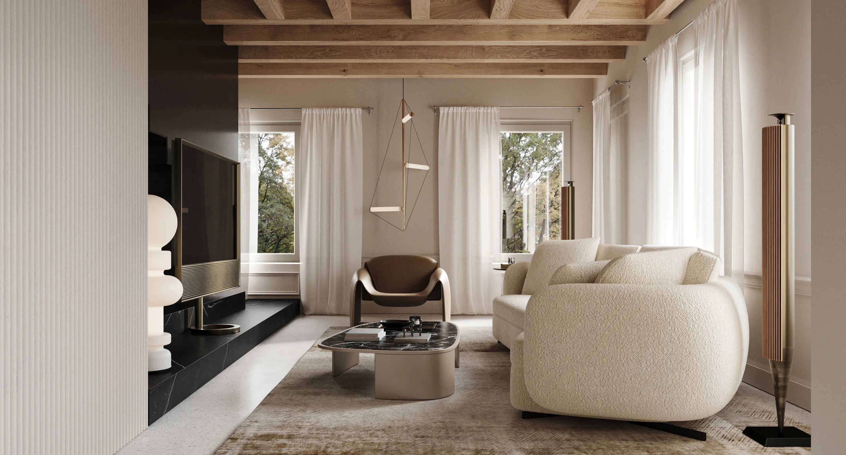 Soggiorno moderno con divano beige, poltrona marrone, tavolino nero lucido, TV su base nera e lampade decorative.