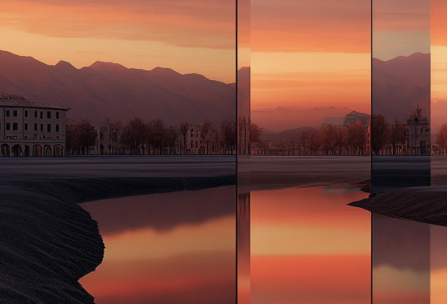 Tramonto arancione riflesso in una superficie d'acqua con montagne e alberi sullo sfondo e pannelli verticali trasparenti.