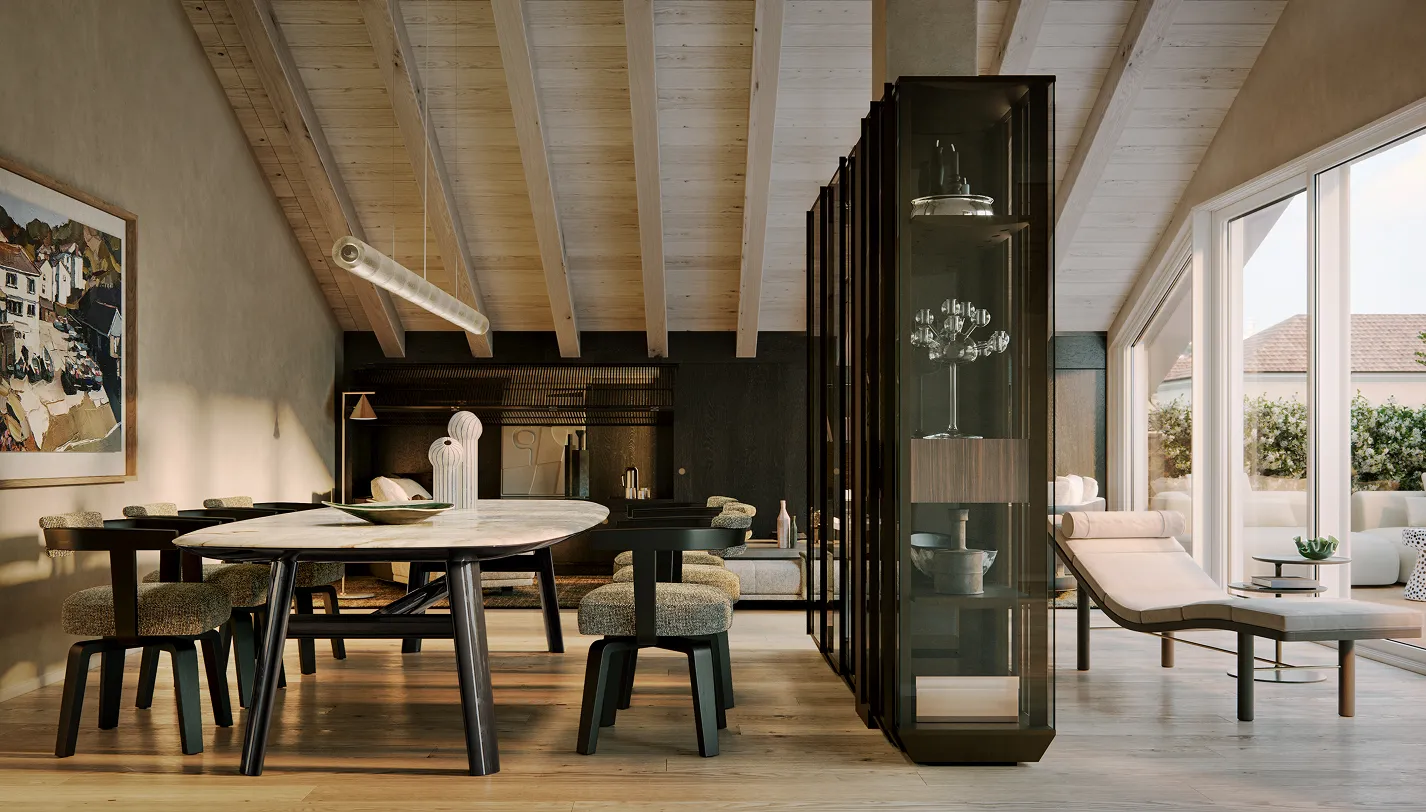 Interno moderno con tavolo ovale in marmo, sedie imbottite, divano grigio, grandi finestre e lettino vicino al mobile vetrina.