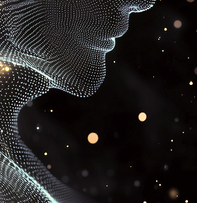 Side profile of a human face and neck outlined with glowing white dots against a dark background with scattered light orbs.
