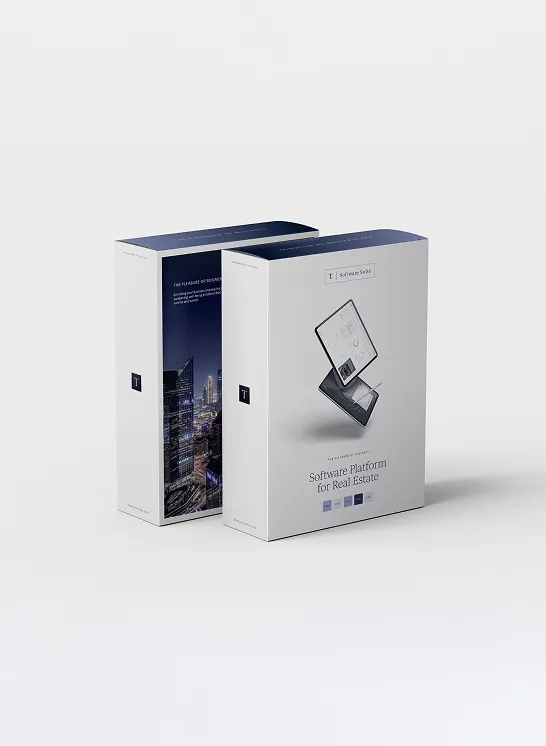 Due confezioni di software con immagine di tablet e scritta 'Software Platform for Real Estate'.